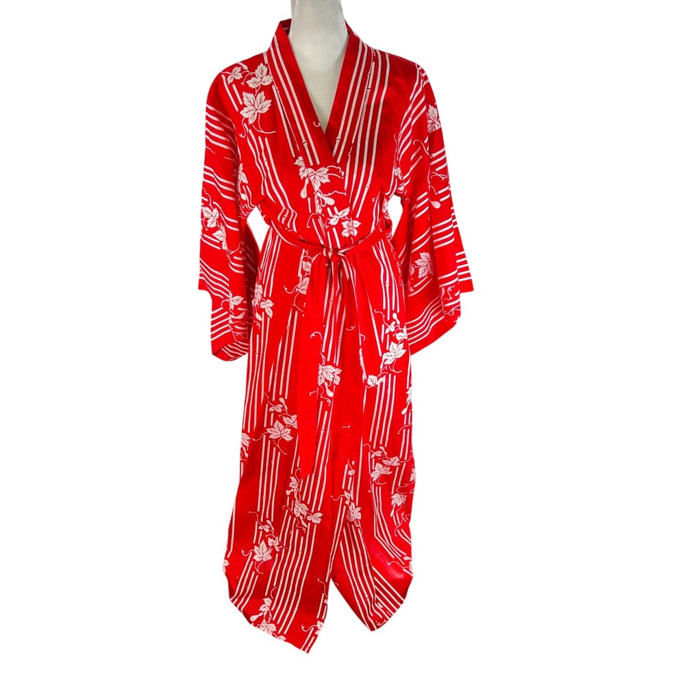 Marukyo Kyoto Tokyo Red Floral Bamboo Cotton Yukata Dressing Robe Made in Japan